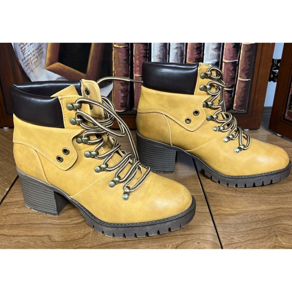 Maurice Yellow Hiking-Inspired Lace-Up Ankle Boots Block Heel Size 8